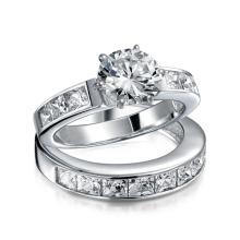 Sterling Silver 2CT Round CZ Princess Engagement Wedding Ring Set